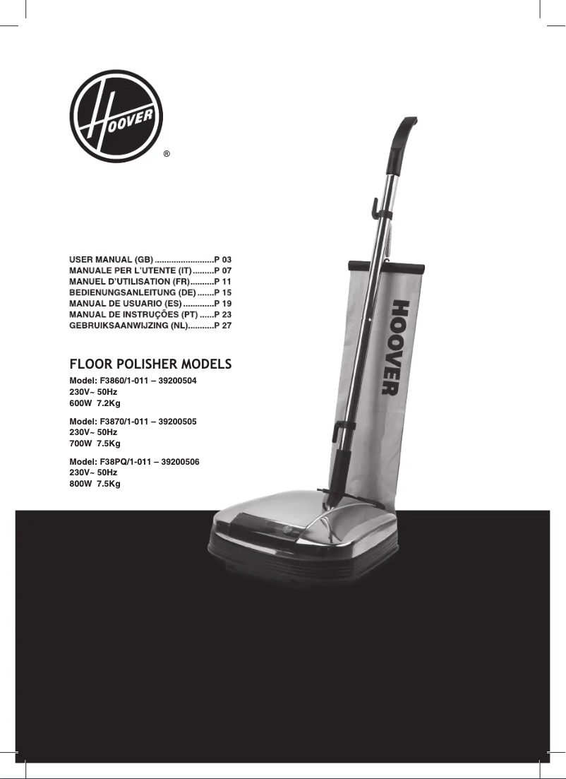 Page 1 de la notice Manuel utilisateur Hoover F38 PQ