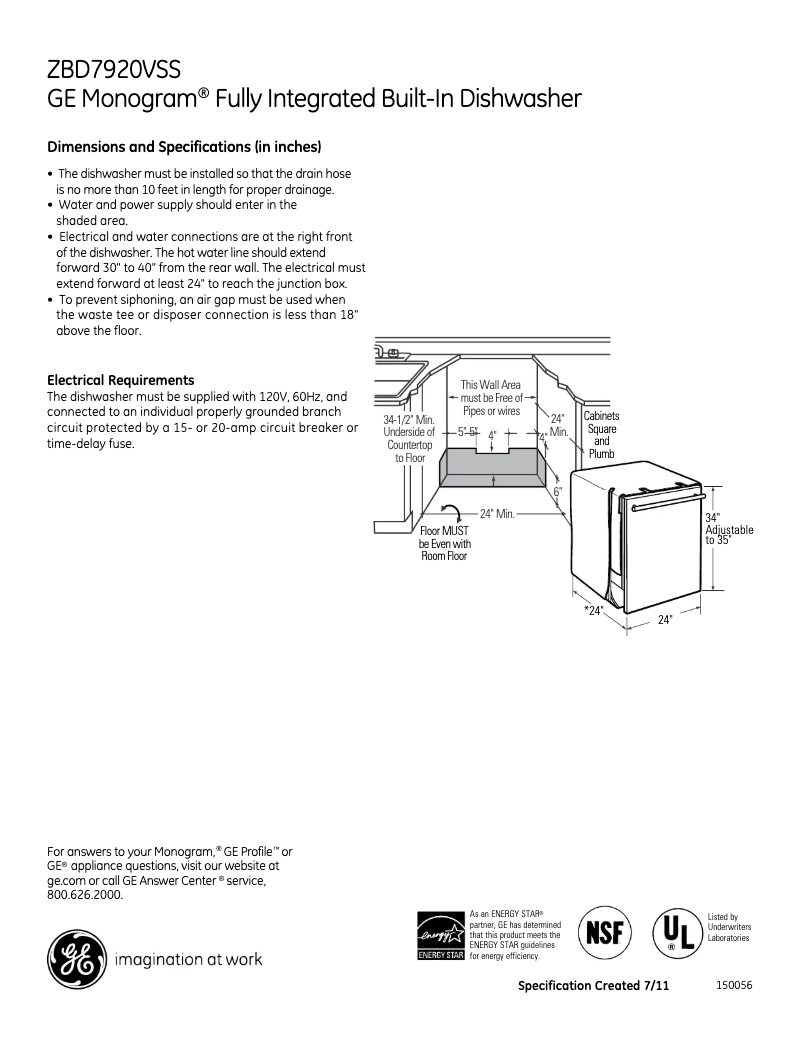 Page 1 of the manual Technical Sheet GE ZBD7920VSS