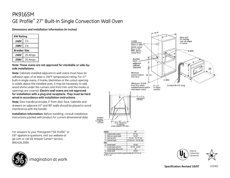 Page 1 de la notice Fiche technique GE Profile PK916SMSS