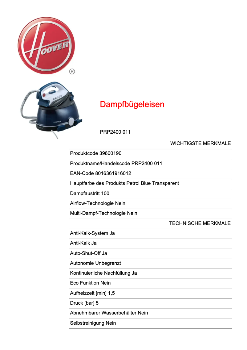 Page 1 of the manual Technical Sheet Hoover PRP2400 011