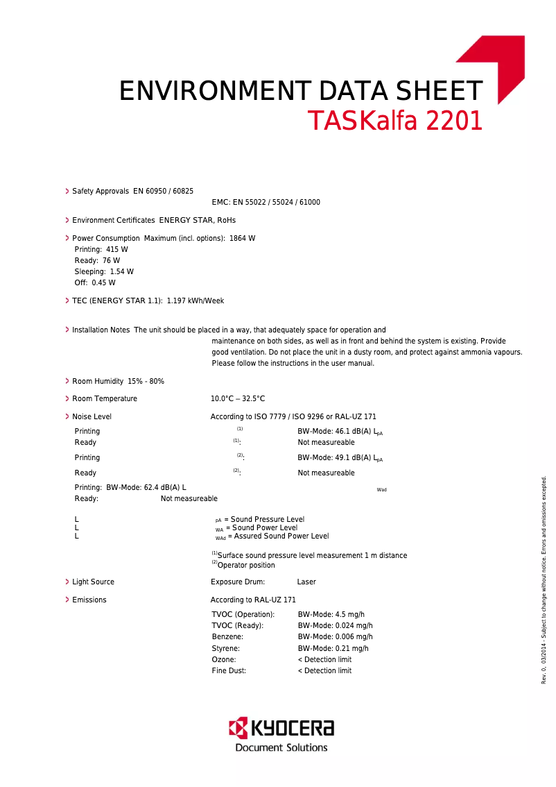 Page 1 de la notice Fiche technique Kyocera TASKalfa 2201