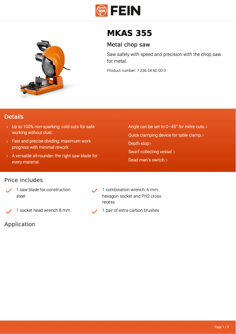 Page 1 de la notice Fiche technique Fein MKAS 355