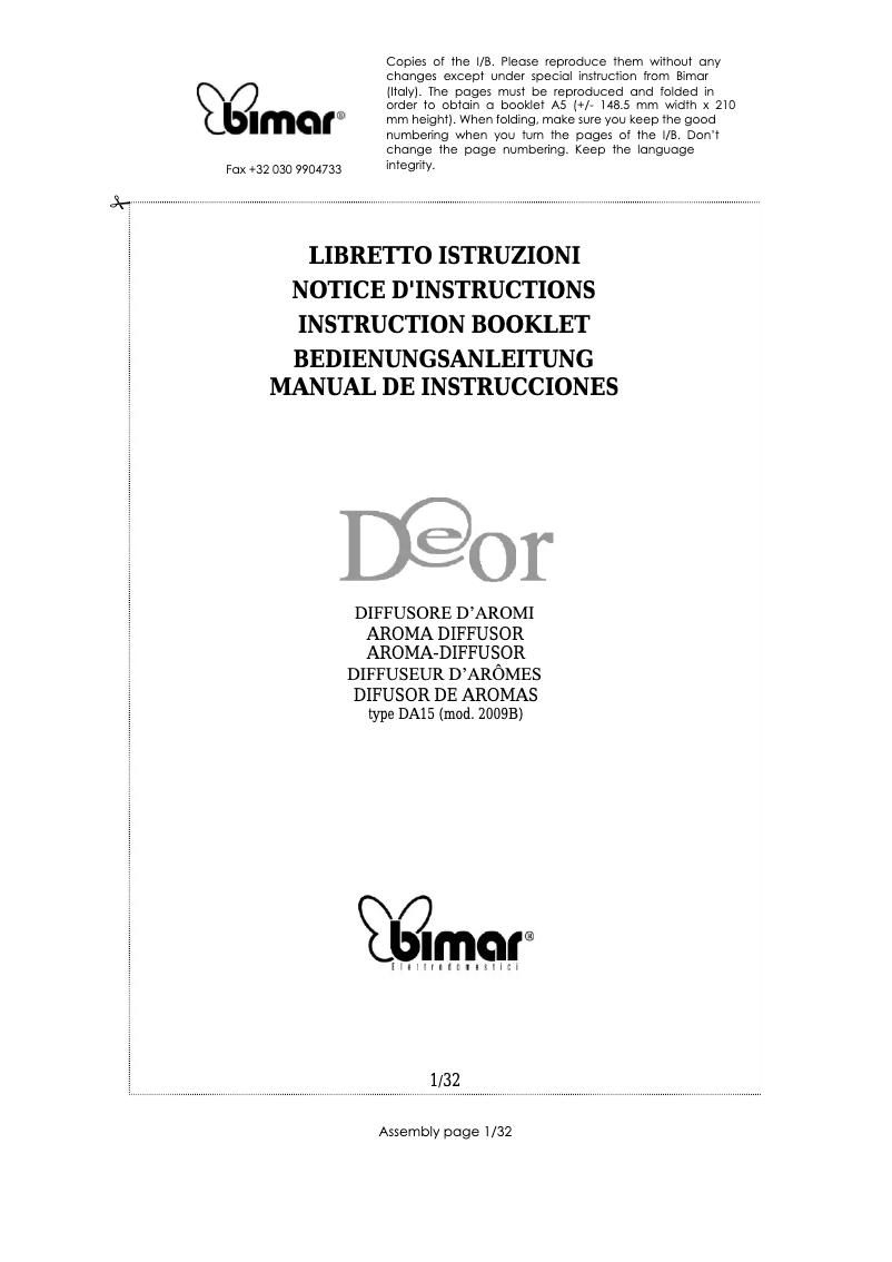 Page 1 de la notice Manuel utilisateur Bimar DA15