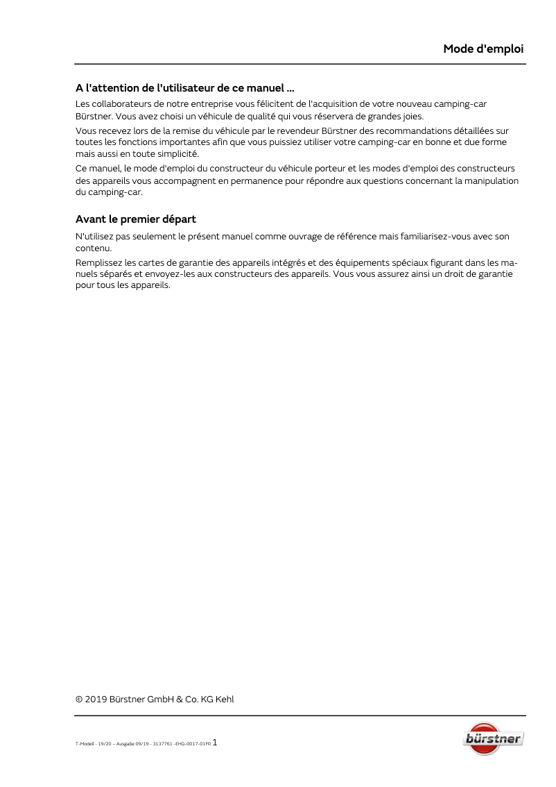 Page 1 de la notice Manuel utilisateur Bürstner Ixeo T (2020)