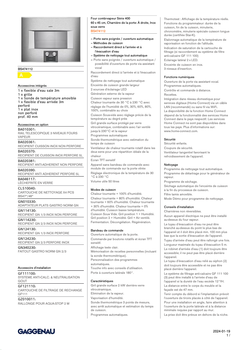 Page 1 de la notice Fiche technique Gaggenau BS474112