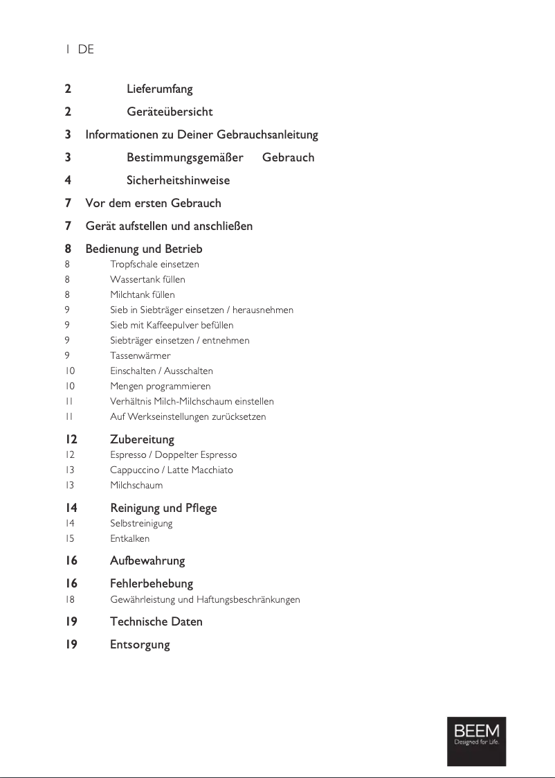 Page 1 de la notice Manuel utilisateur BEEM Espresso Classico II