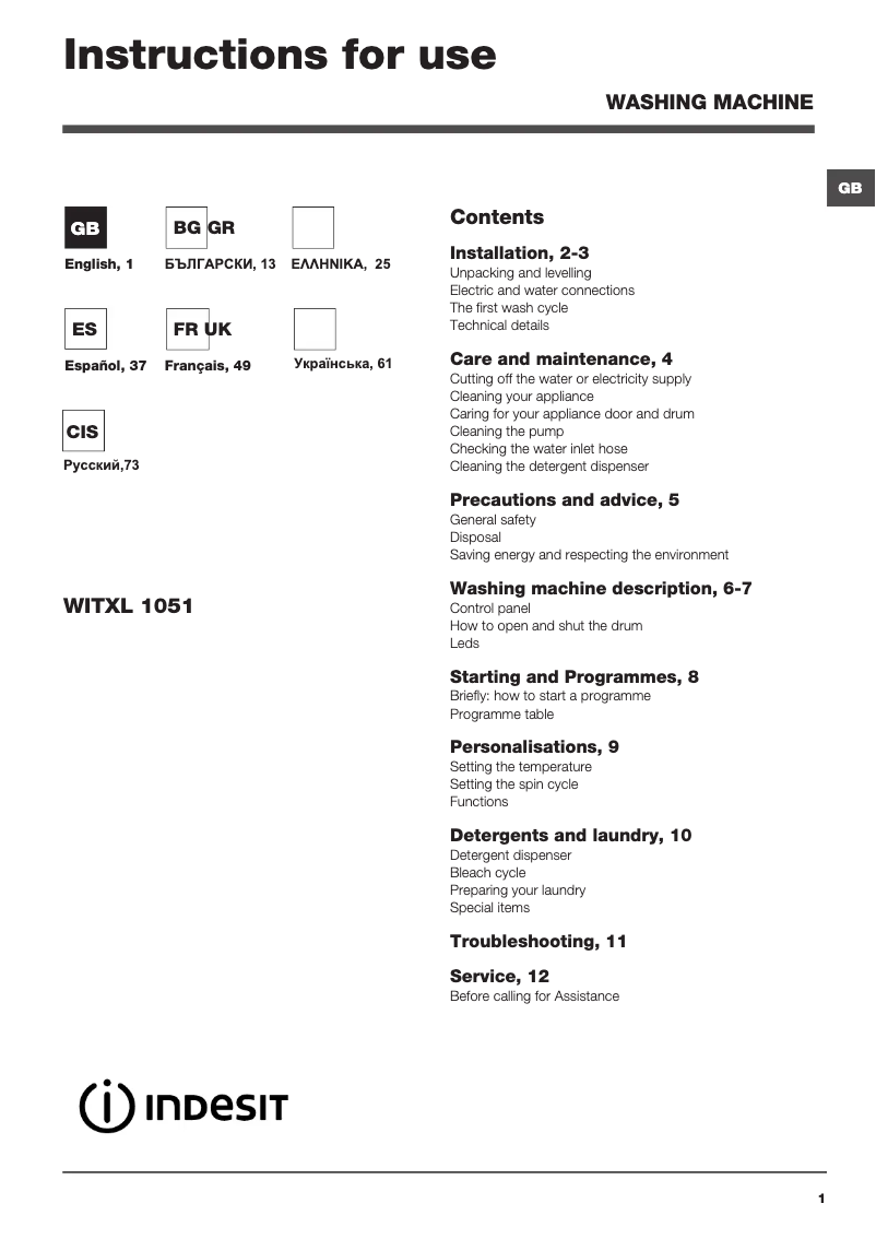 Page 1 de la notice Manuel utilisateur Indesit WITXL 1051