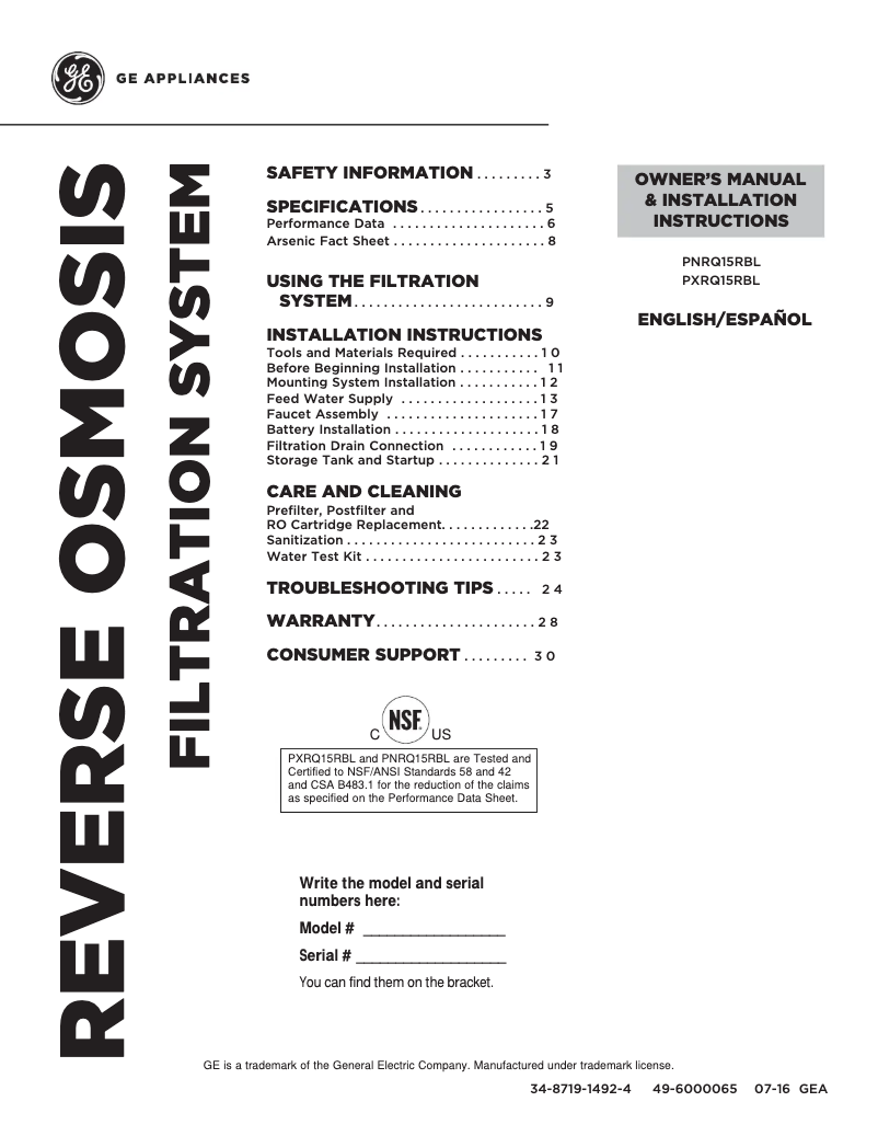 Page 1 of the manual Use and Maintenance Manual GE PROFILE PXRQ15RBL