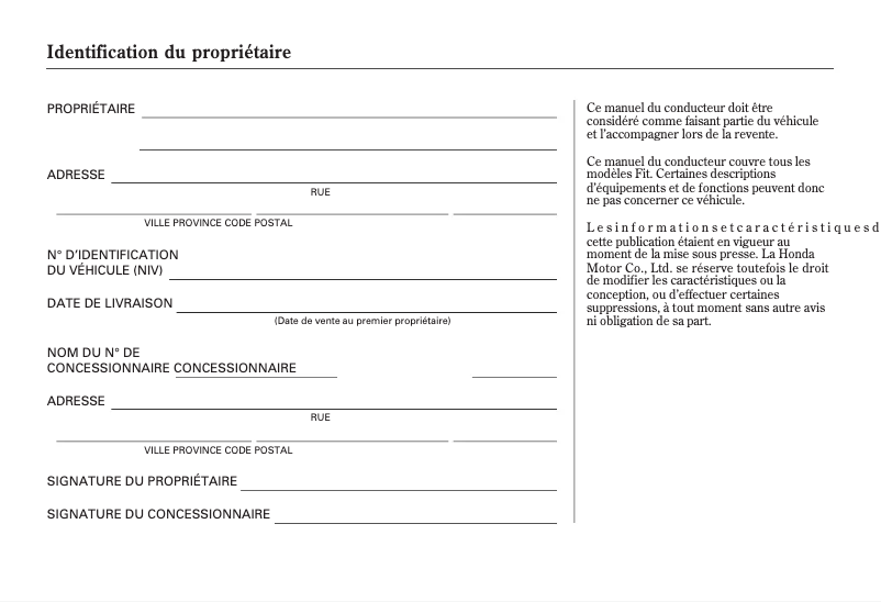 Page 1 de la notice Manuel utilisateur Honda Fit (2007)