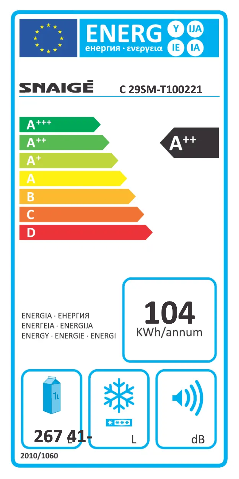 Page 1 de la notice Label énergétique Snaigė Ice Logic C 29SM-T1002F1