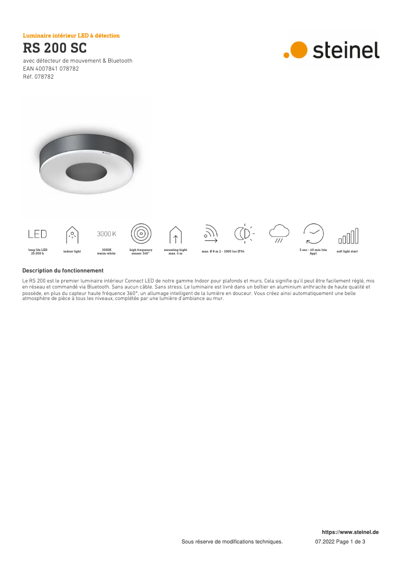 Page 1 de la notice Fiche technique Steinel RS 200 SC