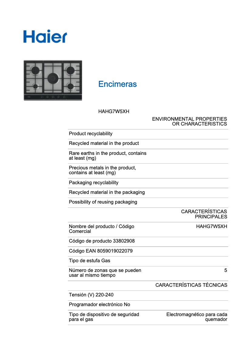 Página 1 del manual Ficha técnica Haier HAHG7W5XH