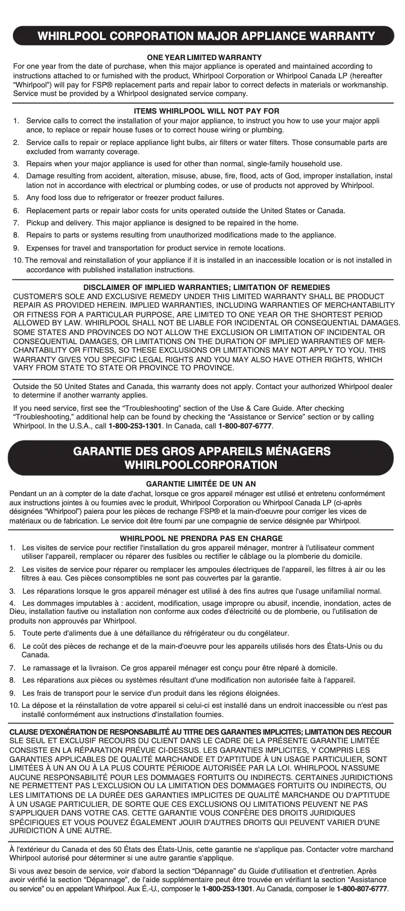 Page 1 de la notice Informations de garantie Whirlpool GC1000PE