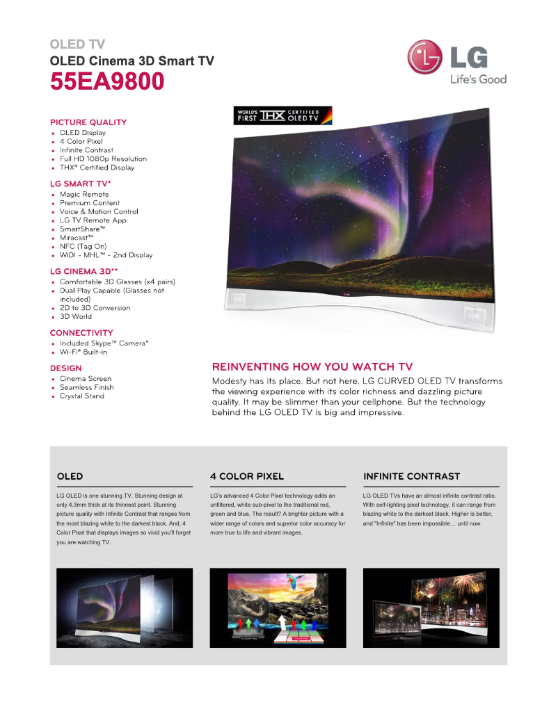 Page 1 de la notice Fiche technique LG 55EA9800