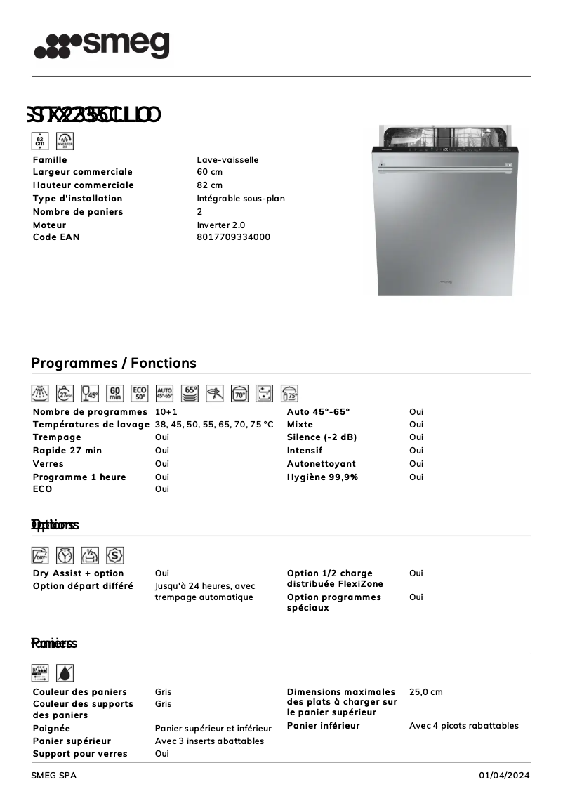 Page 1 de la notice Fiche technique Smeg STX235CLLO