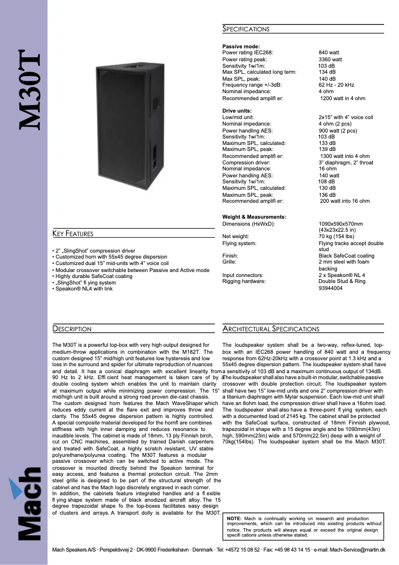 Page 1 de la notice Fiche technique Martin M30T