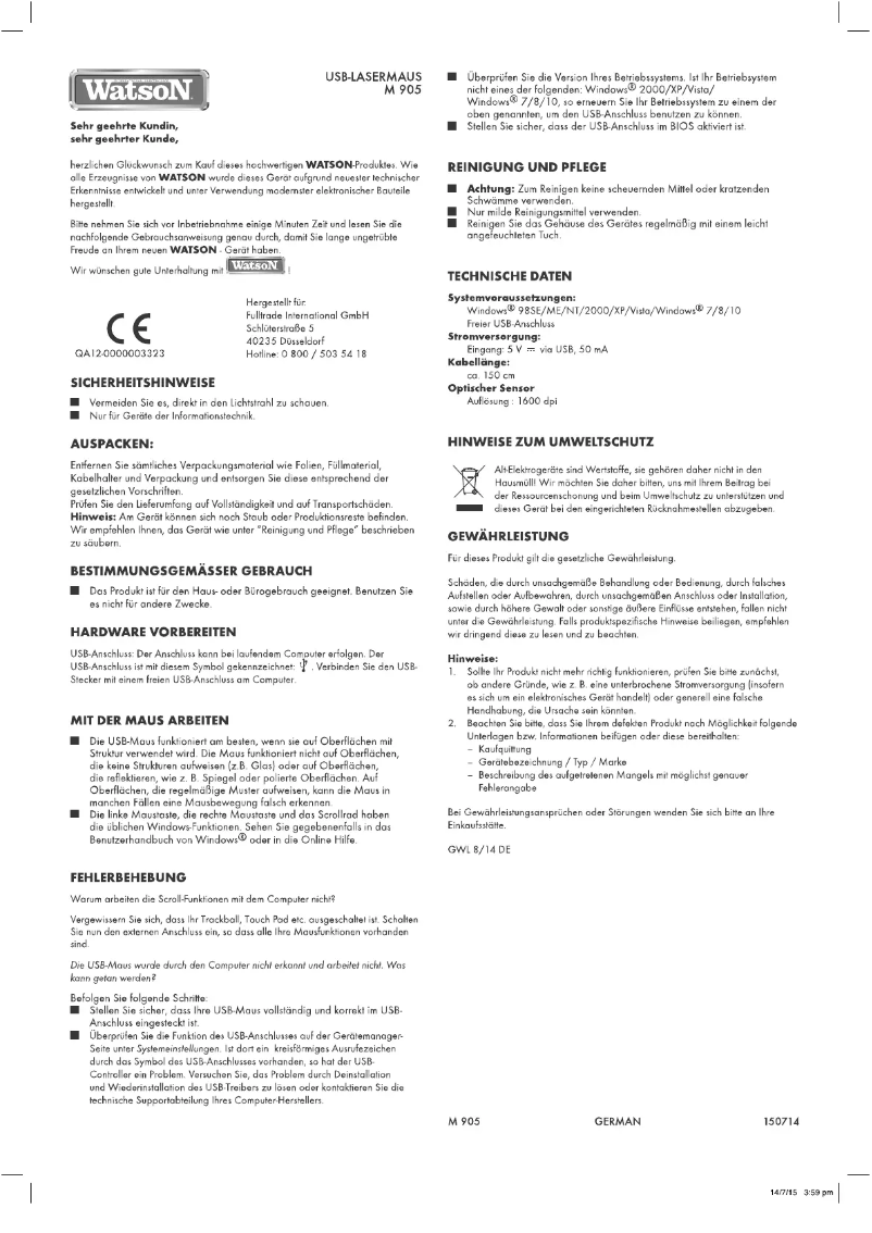 Page 1 de la notice Manuel utilisateur Watson M 905