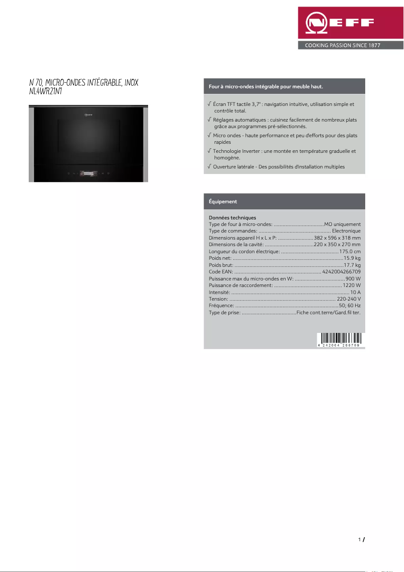 Page 1 of the manual Technical Sheet Neff NL4WR21N1