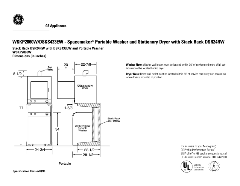 Page 1 of the manual Technical Sheet GE WSKP2060WWH