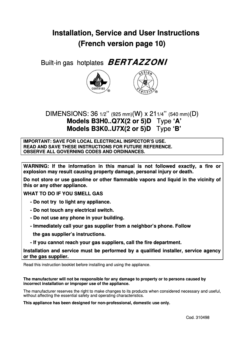 Page 1 de la notice Manuel utilisateur Bertazzoni QB36 6 00 X