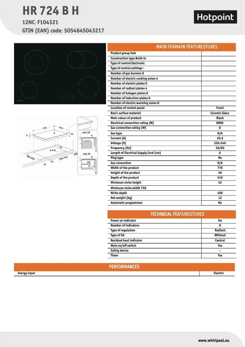 Page 1 of the manual Technical Sheet Hotpoint HR 724 B H