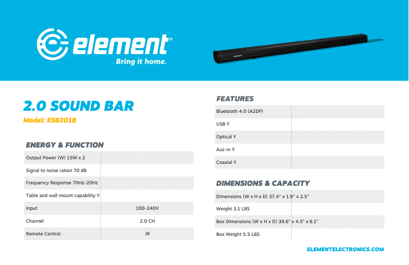Page 1 de la notice Fiche technique Element ESB2018