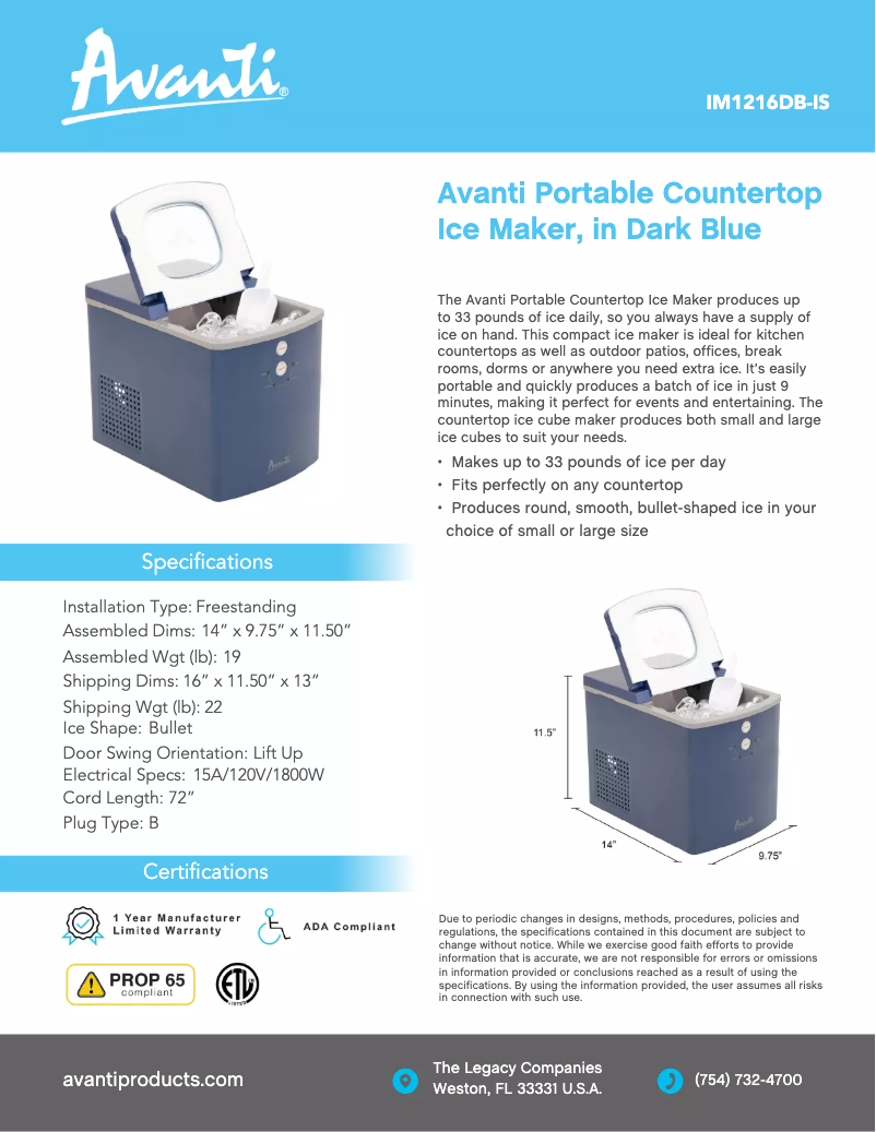 Page 1 de la notice Fiche technique Avanti IM1216DB-IS