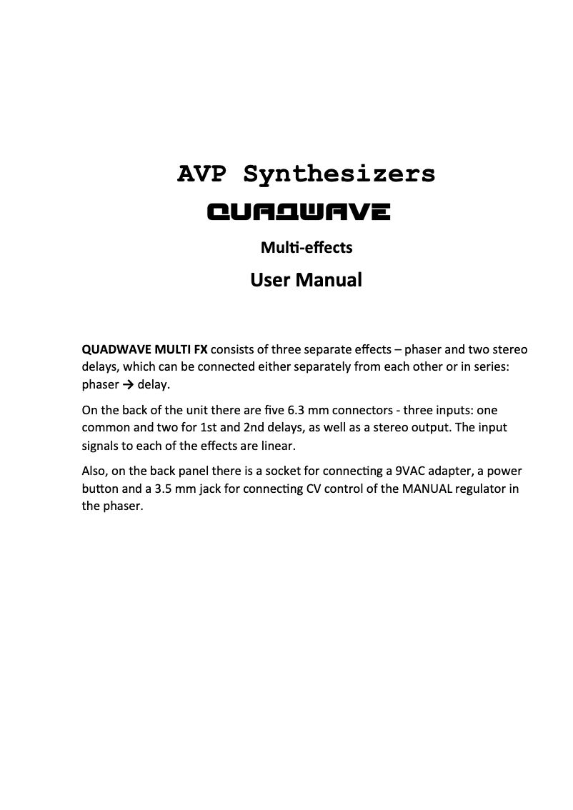 Page 1 de la notice Manuel utilisateur AVP Synth Quadwave