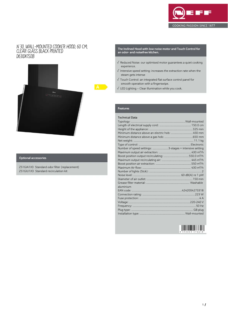 Page 1 de la notice Fiche technique Neff D63IDK1S0B