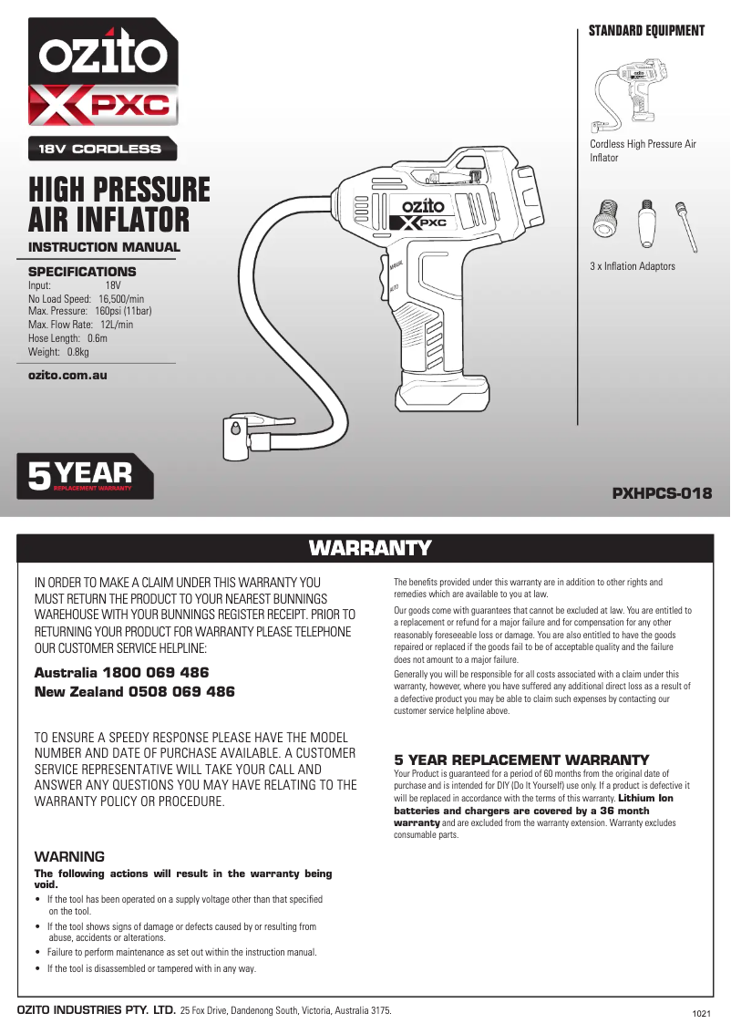 Page 1 de la notice Manuel utilisateur Ozito PXHPCS-018