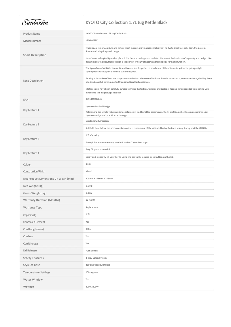 Page 1 de la notice Fiche technique Sunbeam Kyoto City KEM8007