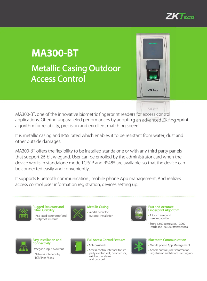 Page 1 de la notice Fiche technique ZKTeco MA300-BT