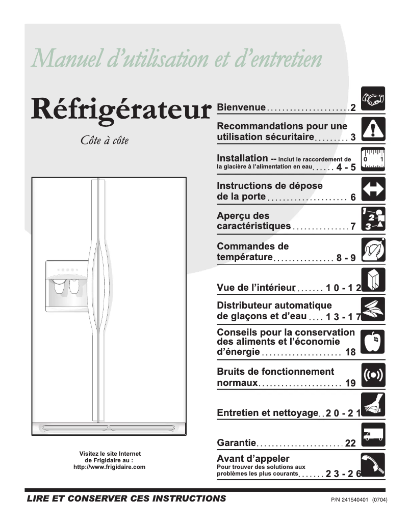 Page 1 de la notice Manuel utilisateur Frigidaire PHSC239DSB
