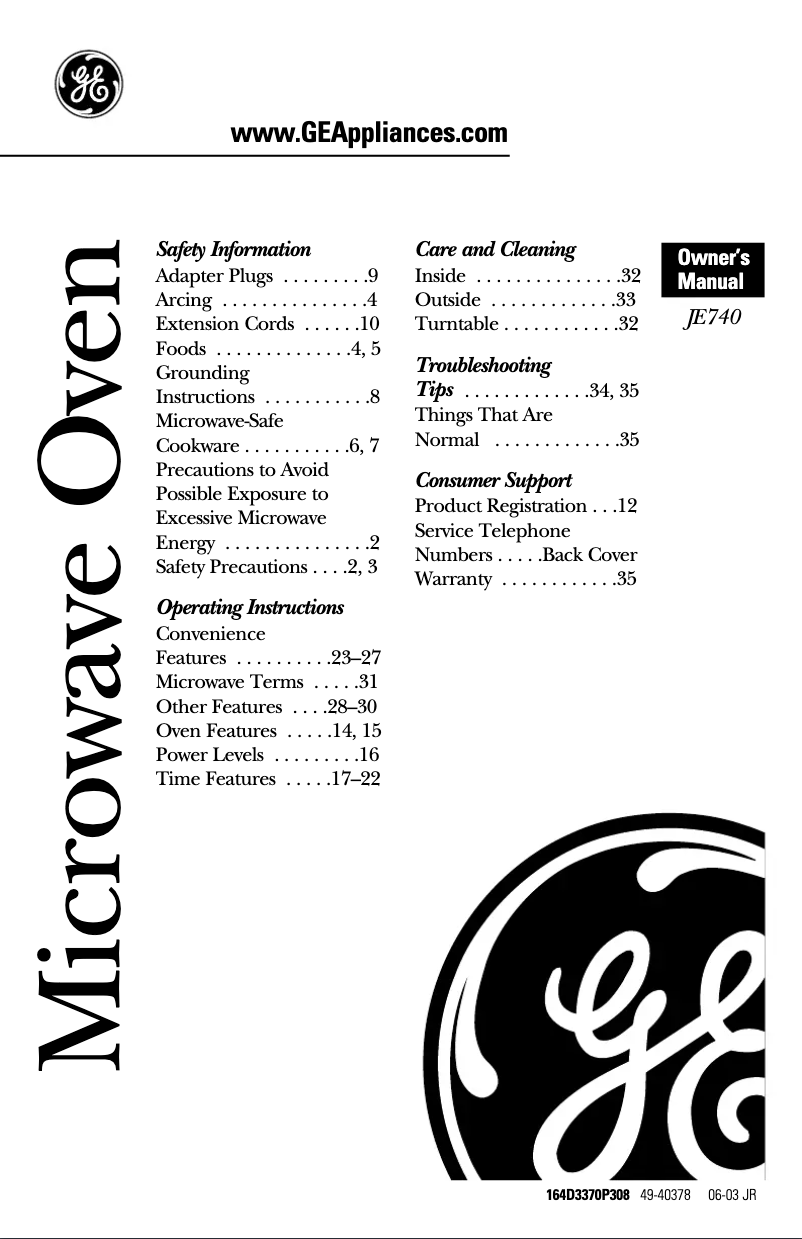 Página 1 del manual Manual de uso y mantenimiento GE JE740WY