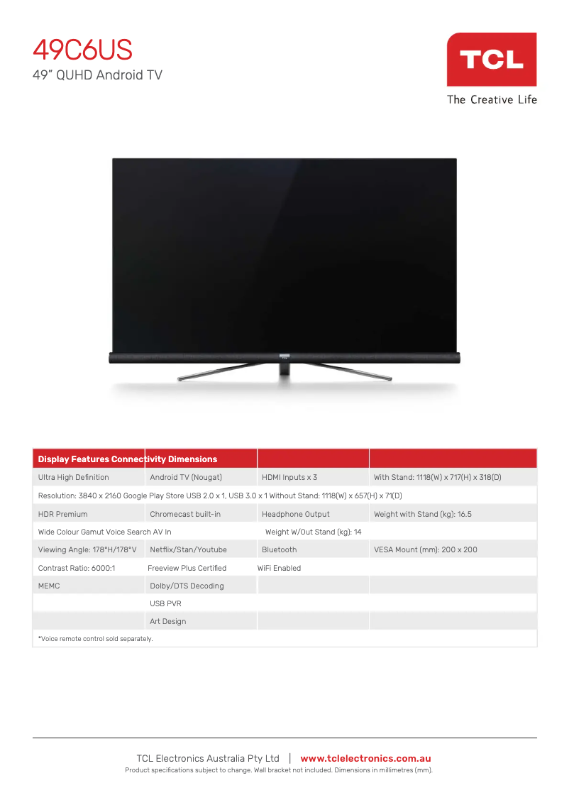 Página 1 del manual Ficha técnica TCL 49C6US