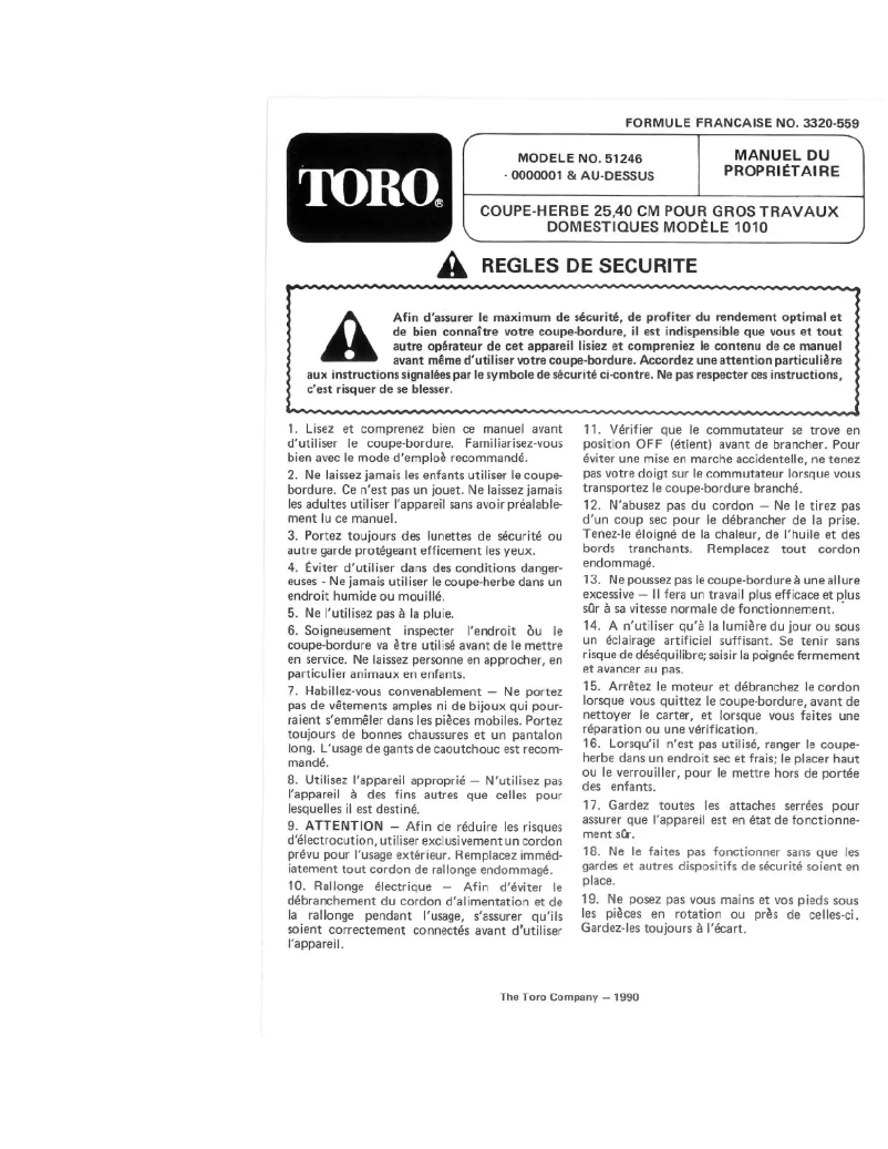 Page 1 de la notice Manuel utilisateur Toro 51246