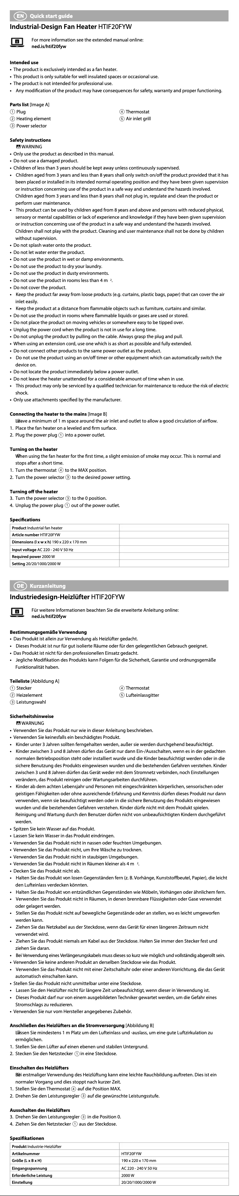 Page 1 de la notice Manuel utilisateur Nedis HTIF20FYW