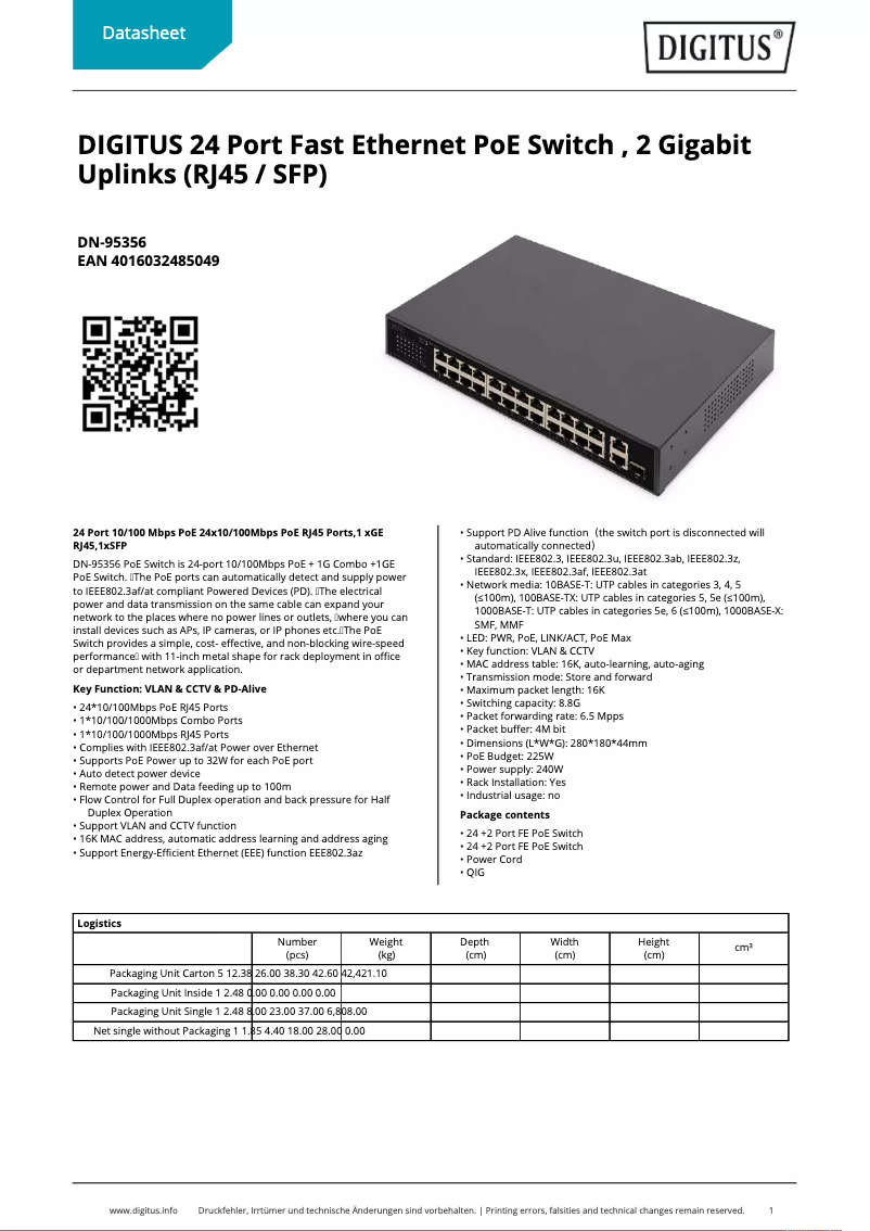 Page 1 de la notice Fiche technique Digitus DN-95356
