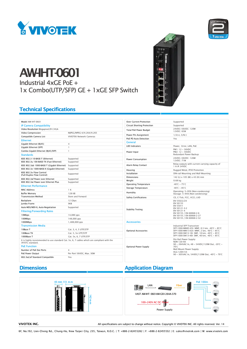 Page 1 de la notice Fiche technique Vivotek AW-IHT-0601