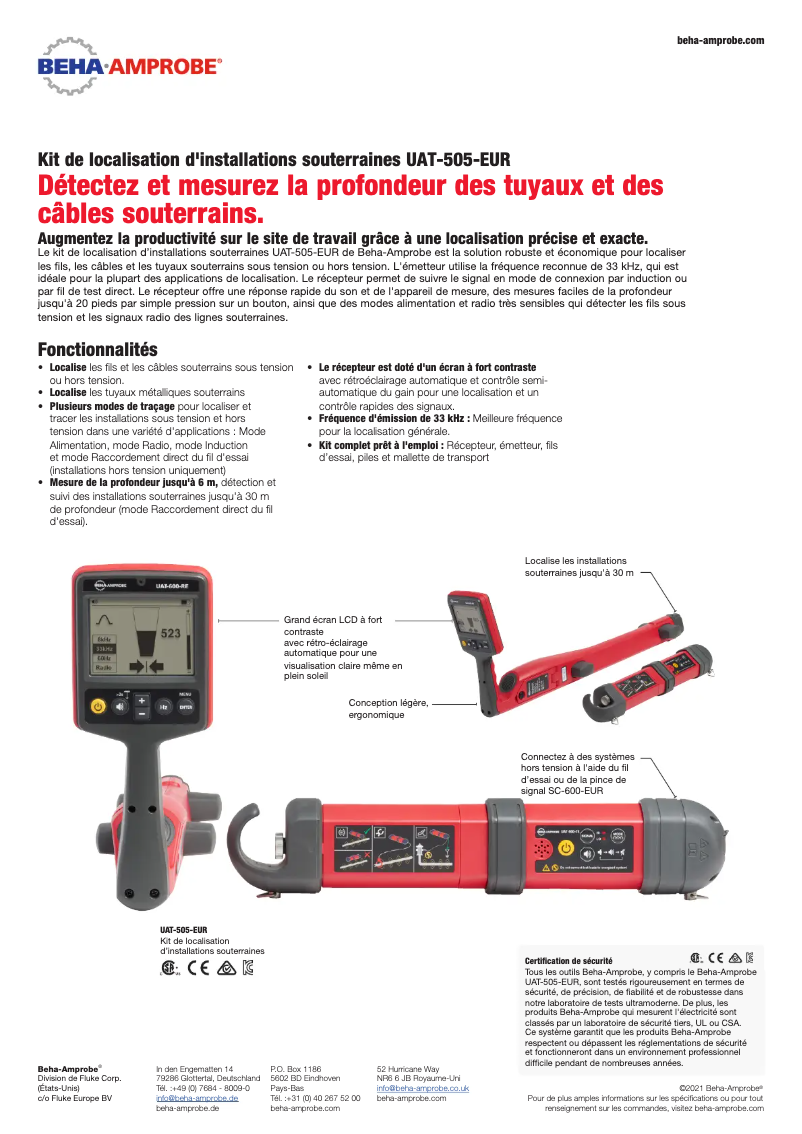 Page 1 de la notice Fiche technique Beha-Amprobe UAT-505-EUR