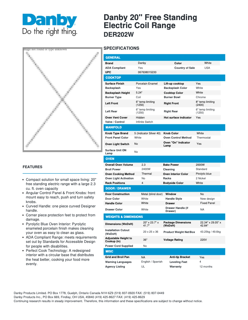 Page 1 de la notice Fiche technique Danby DER202W