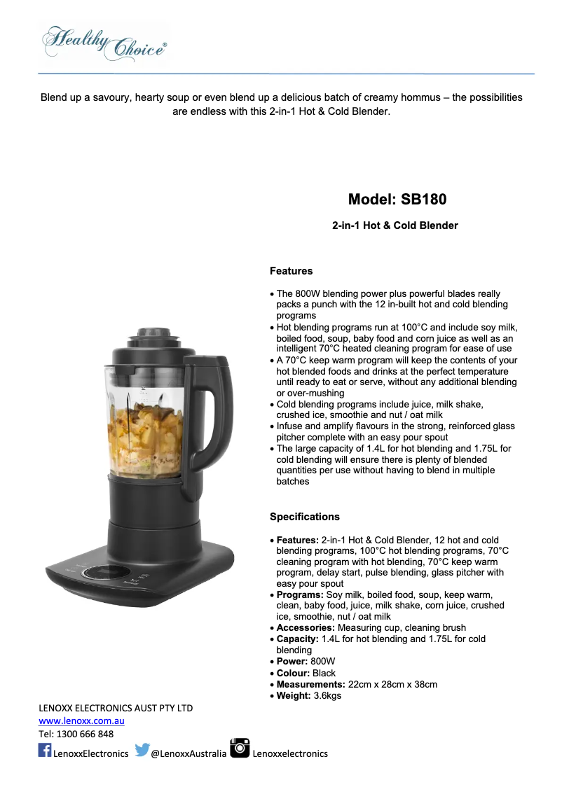 Page 1 de la notice Fiche technique Healthy Choice SB180