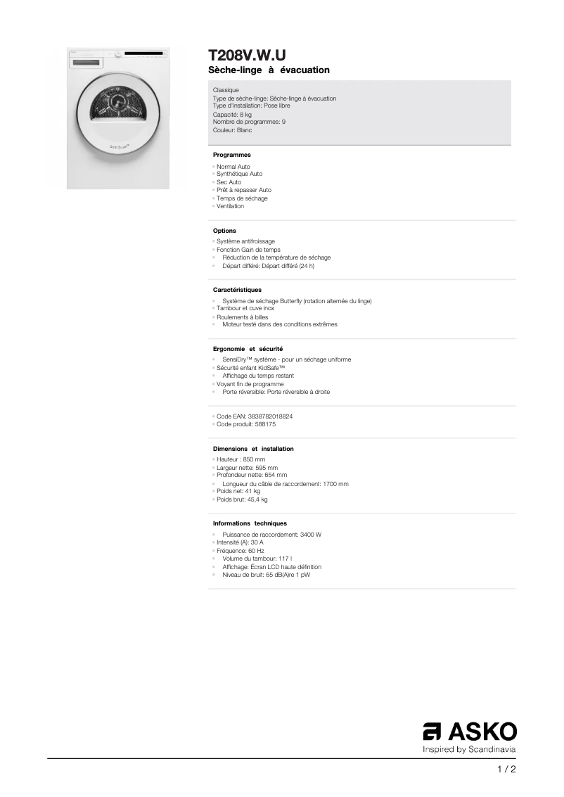 Page 1 de la notice Fiche technique Asko T208V.W.U