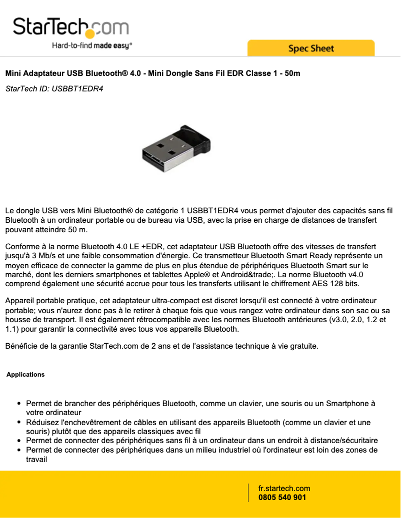 Page 1 de la notice Manuel utilisateur StarTech.com USBBT1EDR4