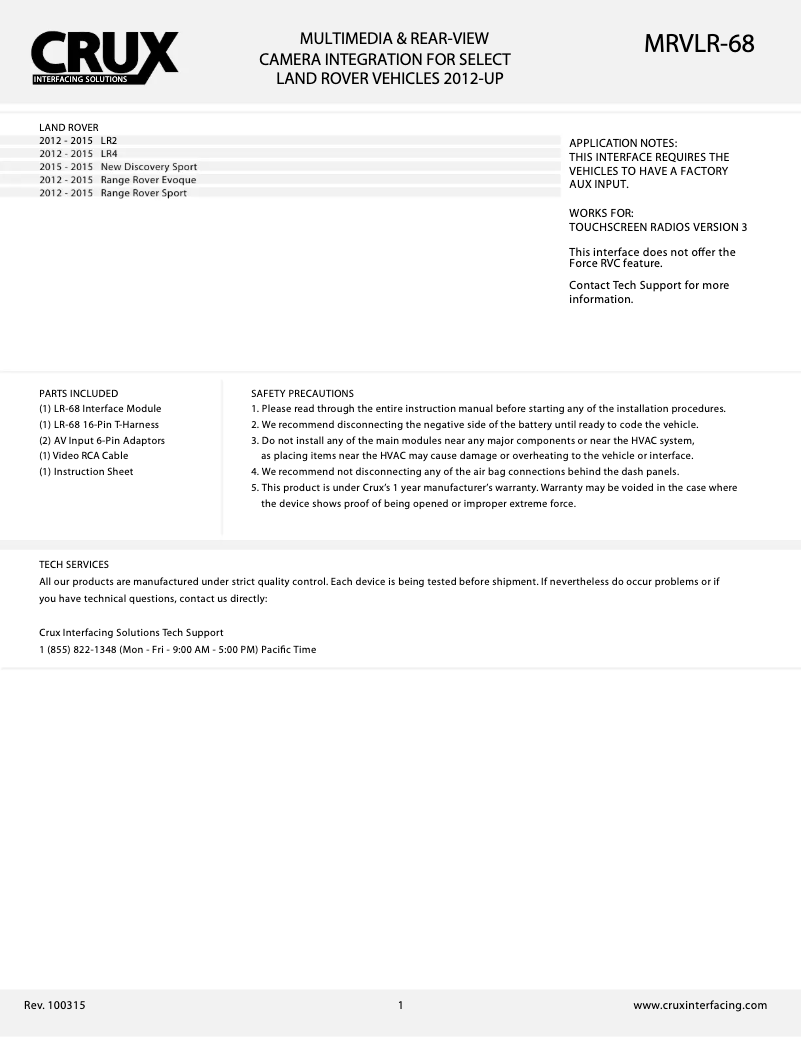 Page 1 de la notice Manuel utilisateur CRUX MRVLR-68