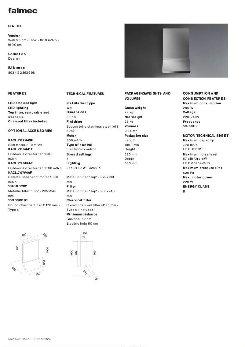 Page 1 de la notice Fiche technique Falmec Rialto