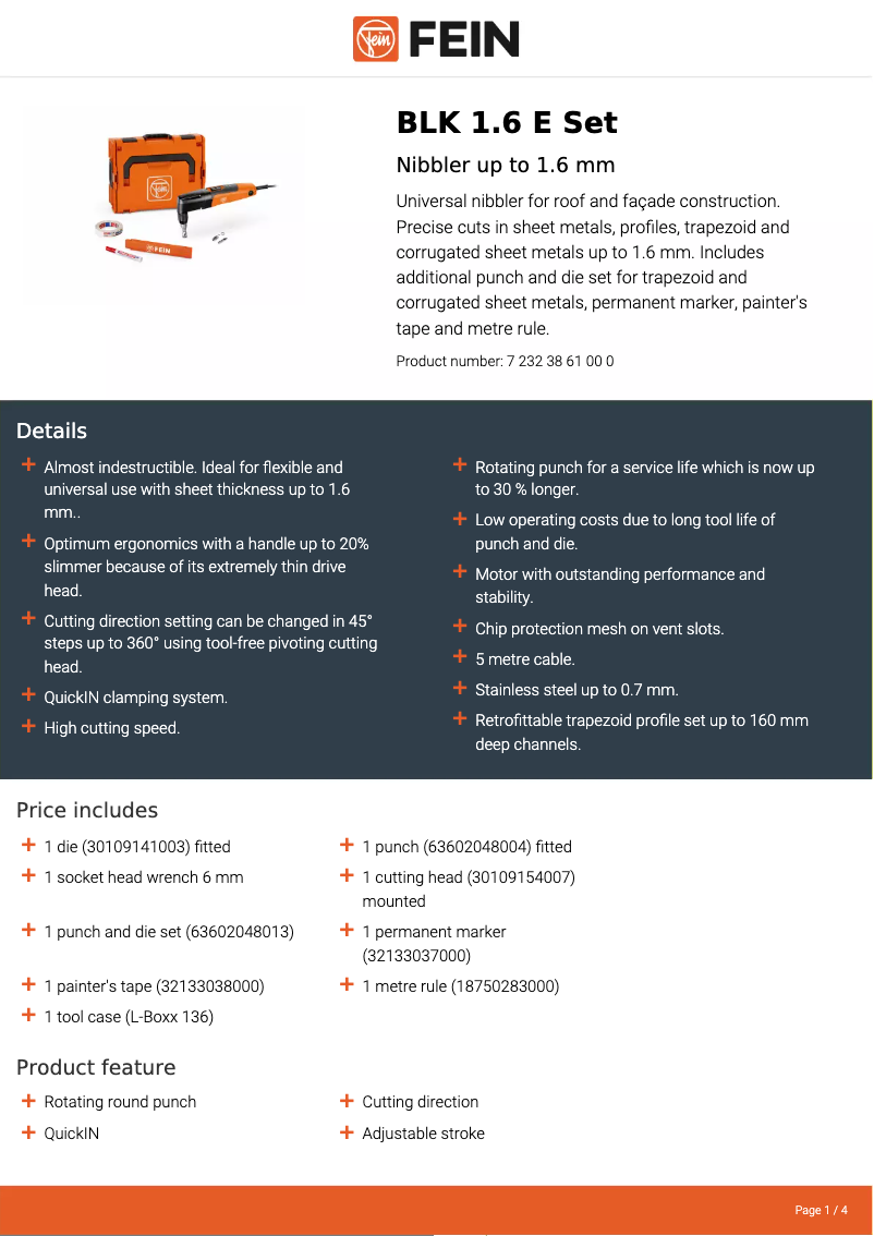Page 1 of the manual Technical Sheet Fein BLK 1.6 E