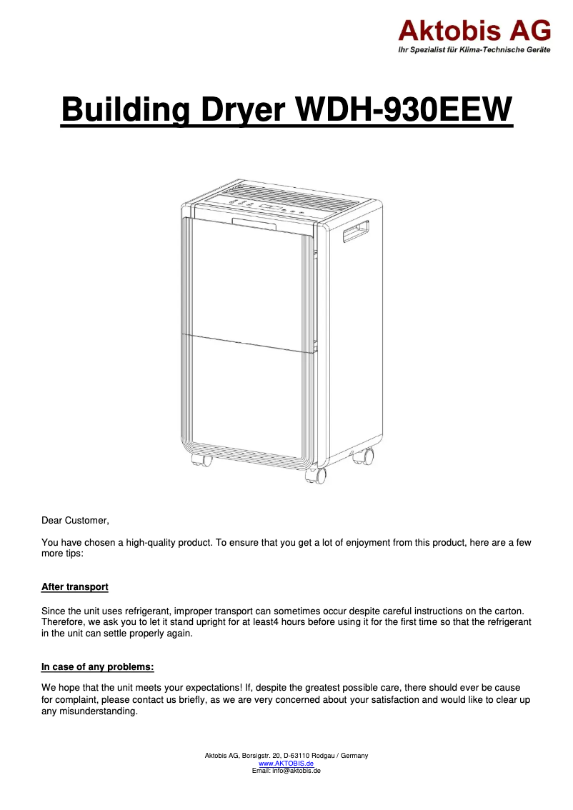Page 1 of the manual User Manual Aktobis WDH-930EEW