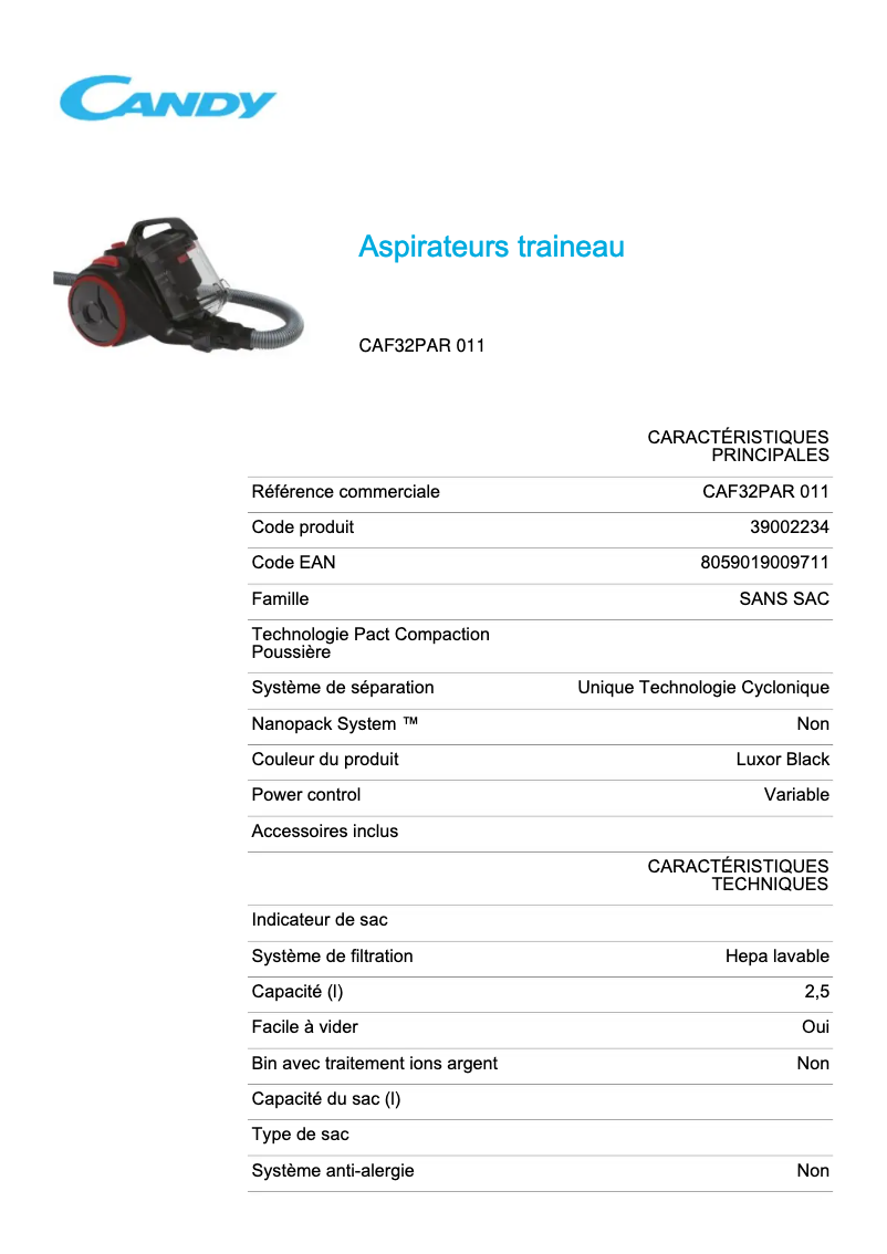 Page 1 de la notice Fiche technique Candy CAF32PAR 011