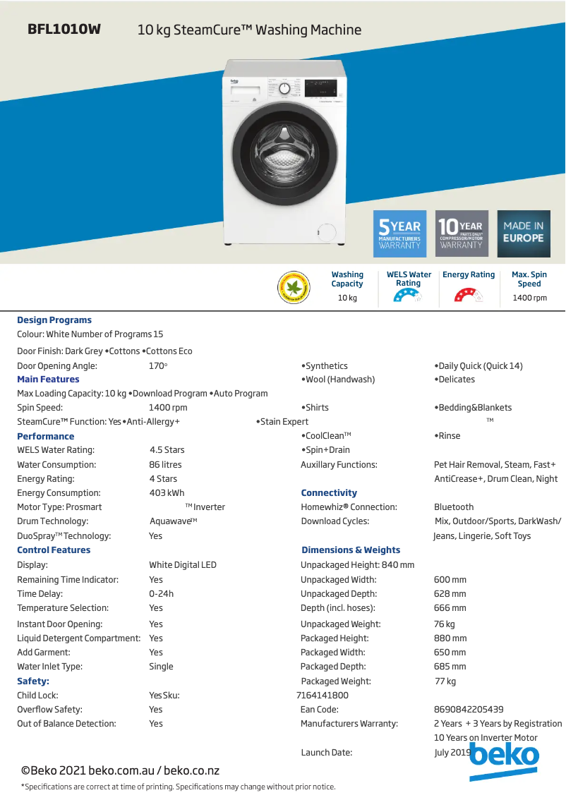 Page 1 de la notice Fiche technique Beko BFL1010W